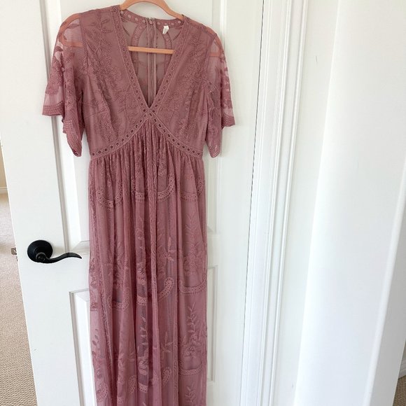 PinkBlush Mauve Lace Mesh Overlay Maternity Maxi Dress - Picture 3 of 7